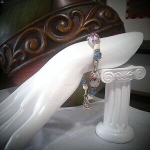 CUSTOM DESIGN BRACELET Silver, Blue & Marble Beads Size 8"